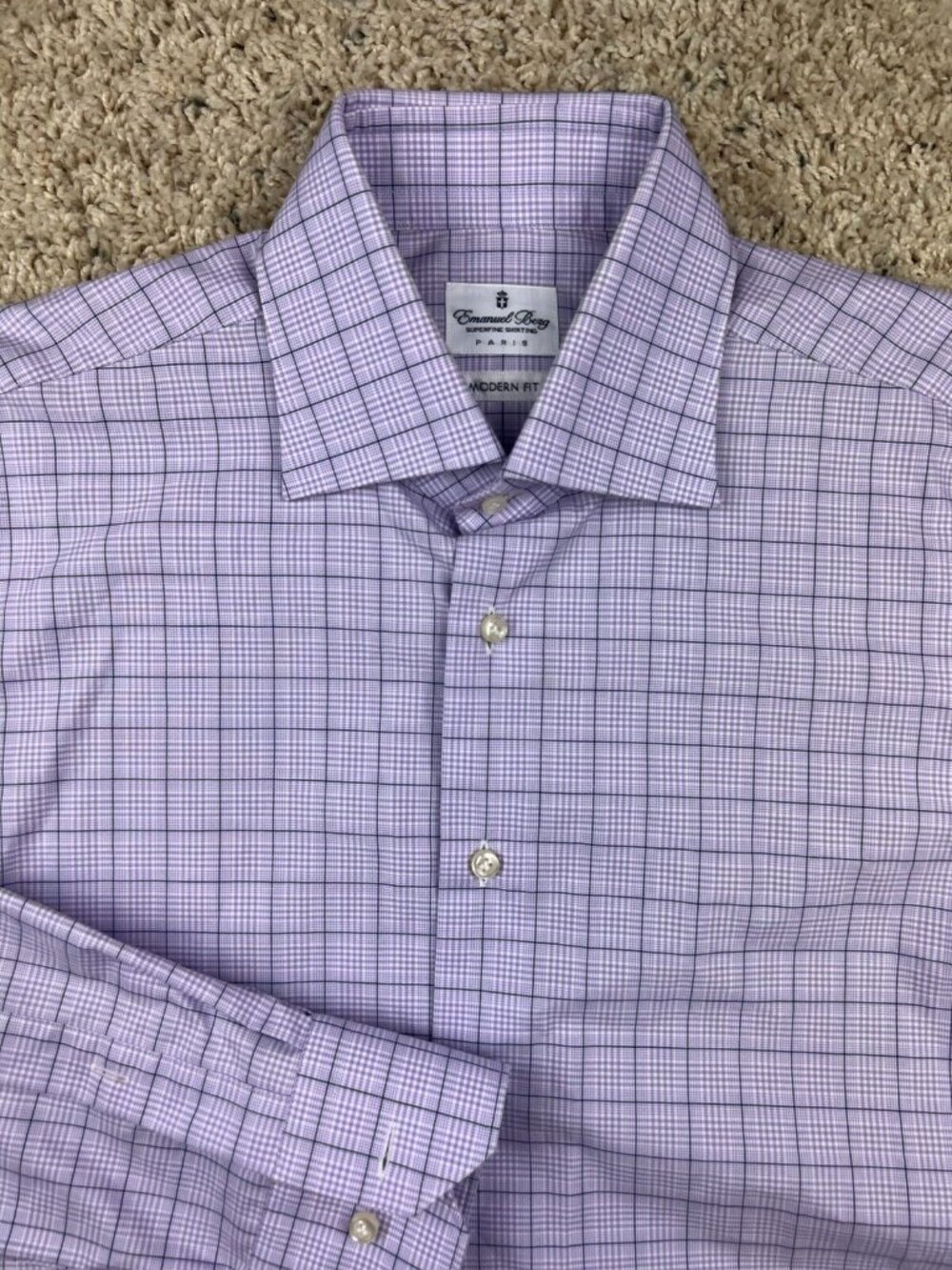 Emanuel Berg Size 15 Modern Fit Button Up Shirt Long Sleeve Pocket Purple Plaid